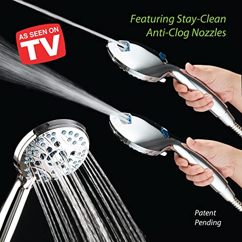 A handheld rainfall showerhead with eight functions, featuring stay-clean anti-clog nozzles and a patent-pending design.