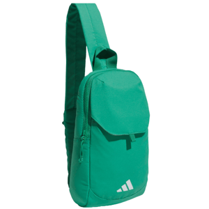 Green sling bag with a single shoulder strap and a front zip pocket, featuring a white logo at the bottom.