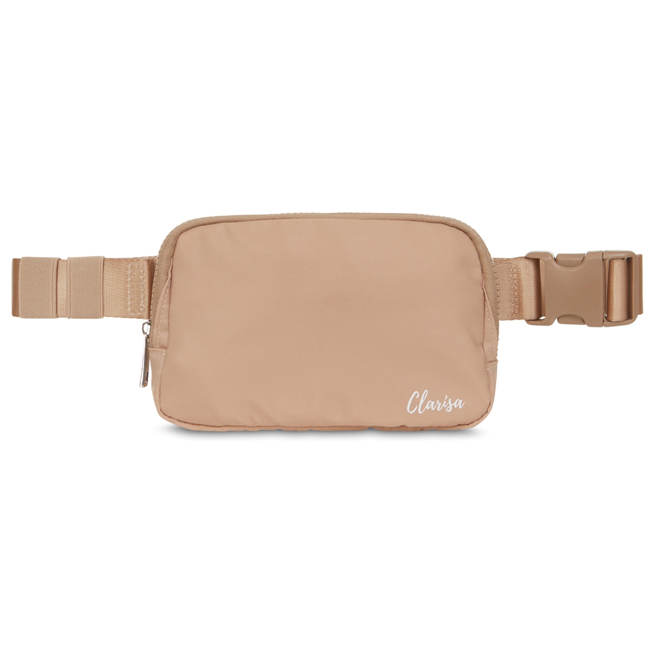 Beige crossbody fanny pack with a large zipper compartment, adjustable strap, and plastic buckle. The name \“Clarisa\“ is printed on the front in white.