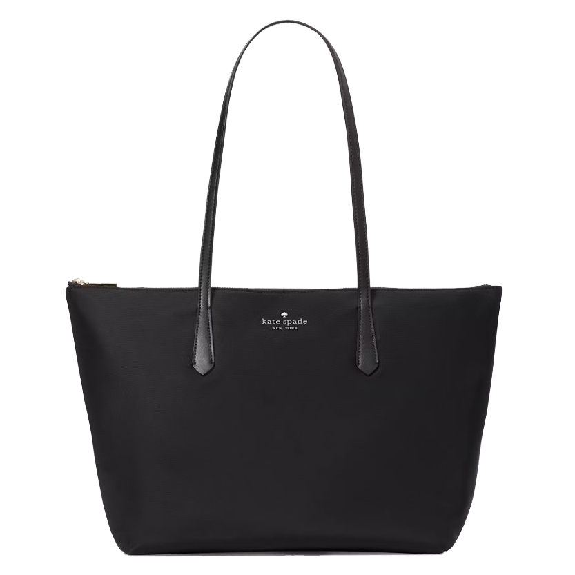 Black Kate Spade New York tote bag with long handles, featuring a minimalist design and logo on the front.