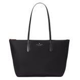 Black Kate Spade New York tote bag with long handles, featuring a minimalist design and logo on the front.