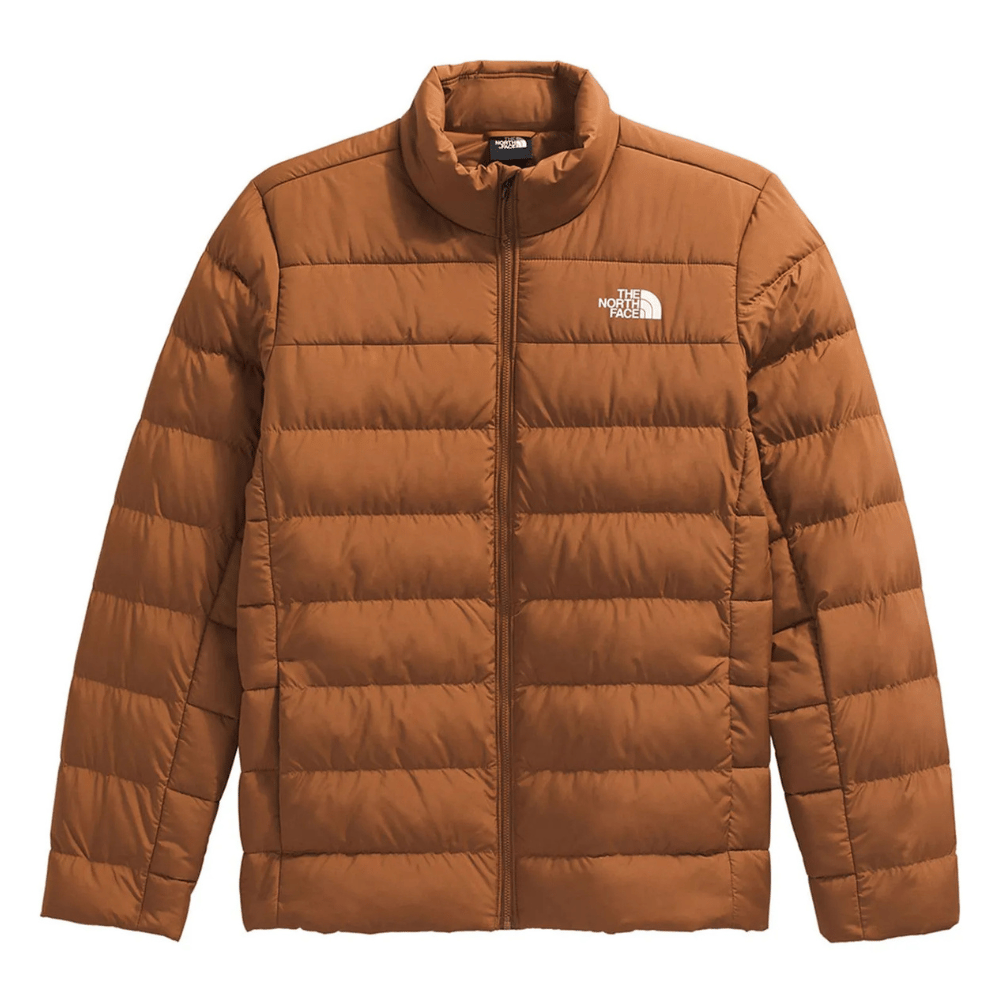 Brown quilted jacket with a stand-up collar and full front zipper, featuring The North Face logo on the chest.