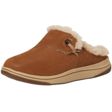 Brown slip-on shoe with a faux fur lining and a rubber sole, featuring a casual, comfortable design ideal for indoor or outdoor use.