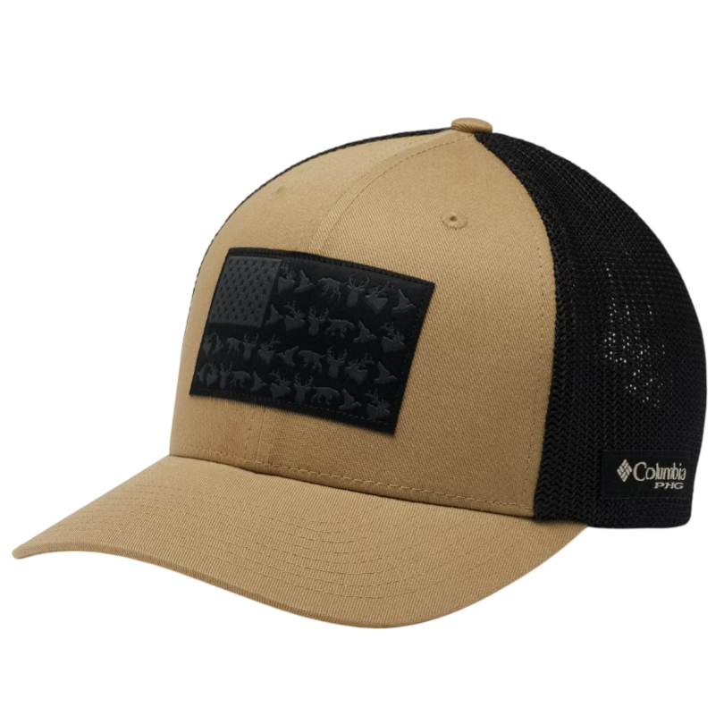 Tan and black Columbia PFG cap featuring a mesh back and a black patch with an American flag design and wildlife silhouettes.