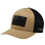 Tan and black Columbia PFG cap featuring a mesh back and a black patch with an American flag design and wildlife silhouettes.