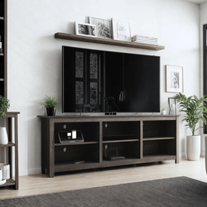 A modern TV stand with a sleek dark wood finish, featuring open shelving and decorative plants. There's a large flat-screen TV above the stand, with additional framed art and books on a wall-mounted shelf above.