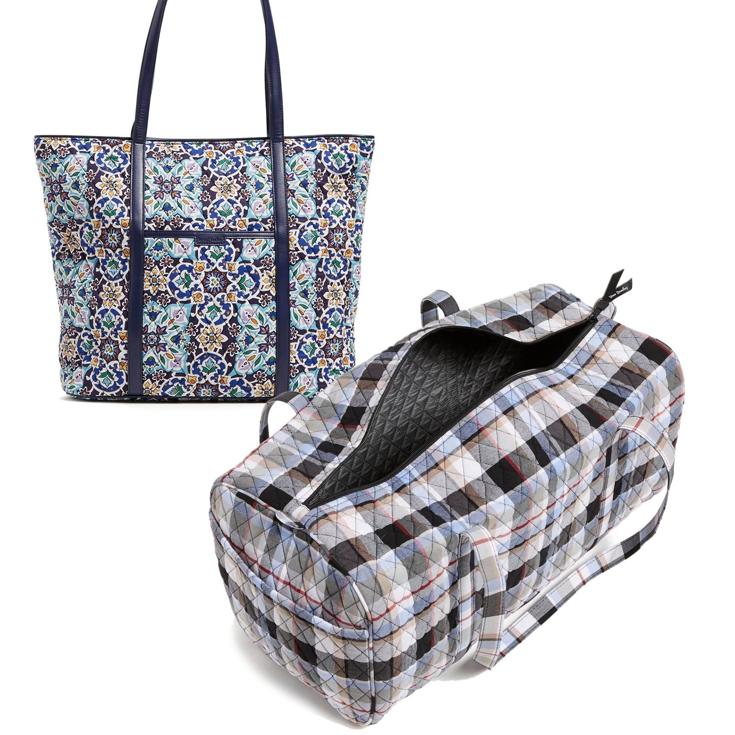 Two patterned bags: a vertical tote with a floral print and a horizontal duffel with a geometric design.