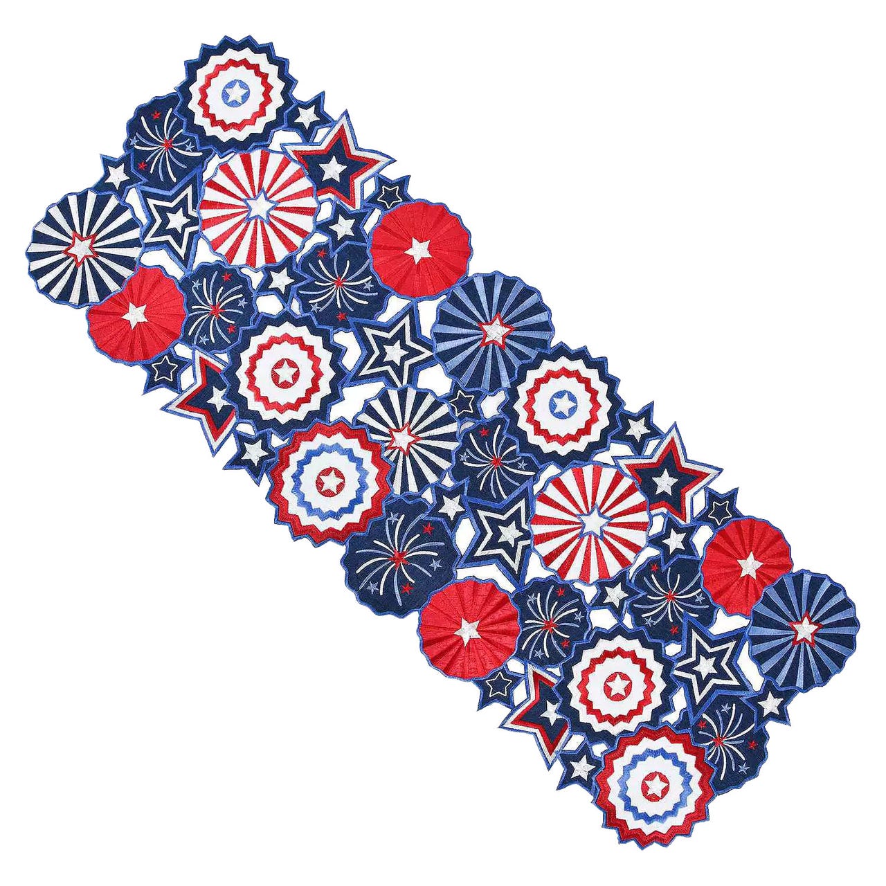 A festive Celebrate Together Fireworks Table Runner with a colorful pattern of red, white, and blue starbursts and stars, perfect for patriotic celebrations.
