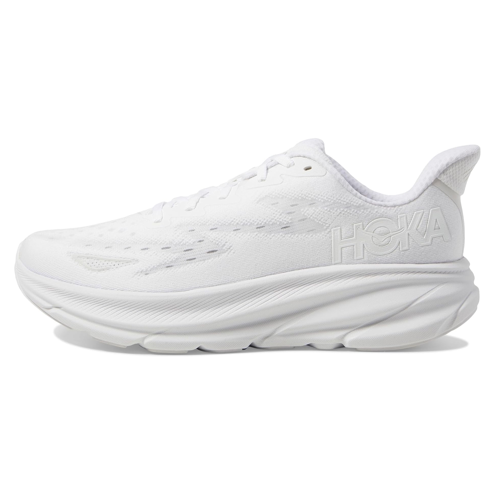 A white HOKA running shoe with a cushioned sole and minimalist design.