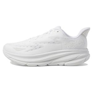 A white HOKA running shoe with a cushioned sole and minimalist design.