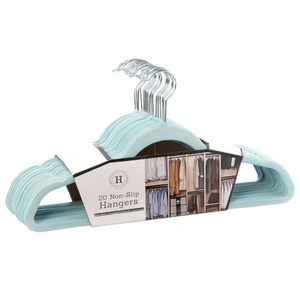 Pack of 20 light blue non-slip hangers with metal hooks, designed for organizing clothes in a closet.