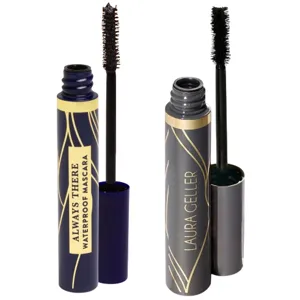 Two tubes of waterproof mascara with open wands, labeled \“Always There Waterproof Mascara\“ and \“Laura Geller.\“