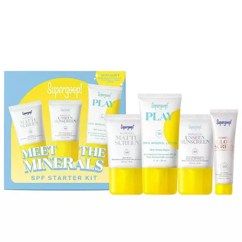 Supergoop! Meet the Minerals SPF Starter Kit includes 100% Mineral Lotion SPF 30, Mineral Matte Screen SPF 40, Mineral Sheerscreen SPF 30, and Mineral Glowscreen SPF 40.