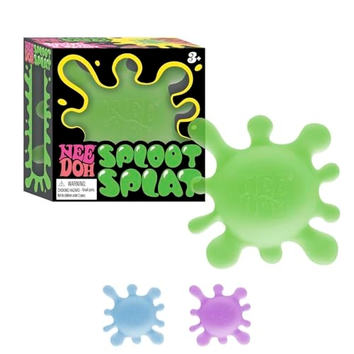 NeeDoh Sploot Splat toys in green, blue, and purple splat shapes, with packaging indicating suitability for ages 3 and up.