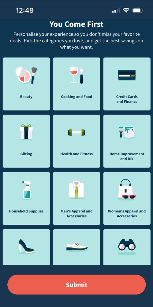 a collection of blue tiles from the Brad's Deals app displaying categories like apparel, household supplies, beauty, and more.