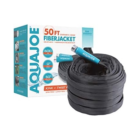 The Aqua Joe 50' FiberJacket Hose is a weather and abrasion-resistant garden hose with a kink and twist-free design, supporting up to 600 PSI and featuring 3/4\“ diameter connections.