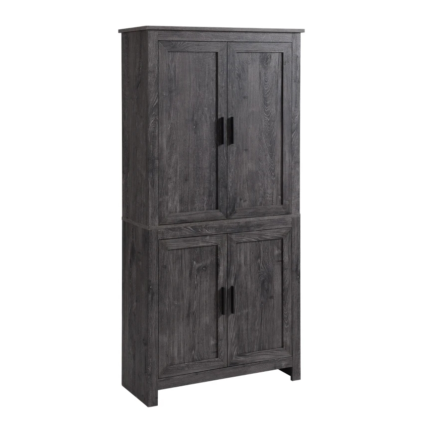 A tall, dark wood-finished kitchen pantry with four doors, featuring two cabinets stacked vertically. The design is simple with subtle wood grain texture and black handles.