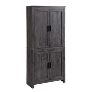 A tall, dark wood-finished kitchen pantry with four doors, featuring two cabinets stacked vertically. The design is simple with subtle wood grain texture and black handles.