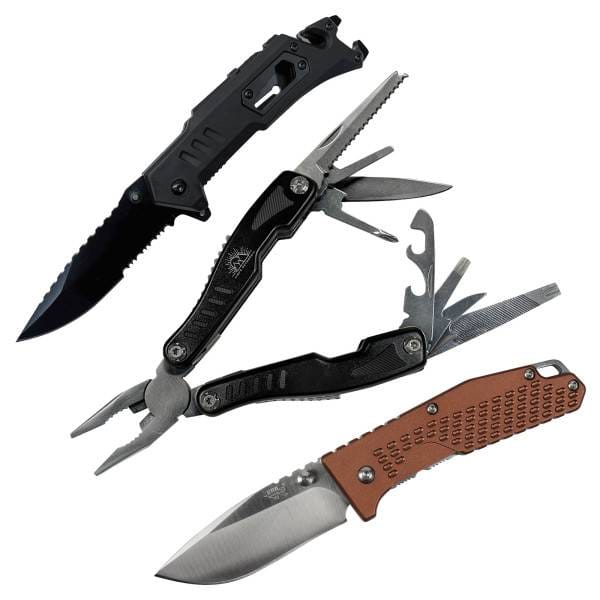 The image shows three utility tools: a black tactical knife with partially serrated blade, a multi-tool with pliers and various attachments, and a folding knife with a brown handle.