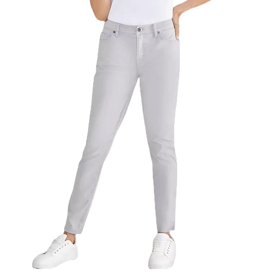 Mid-rise curvy-fit skinny jeans in light gray, featuring a classic five-pocket design and button closure, paired with white sneakers.