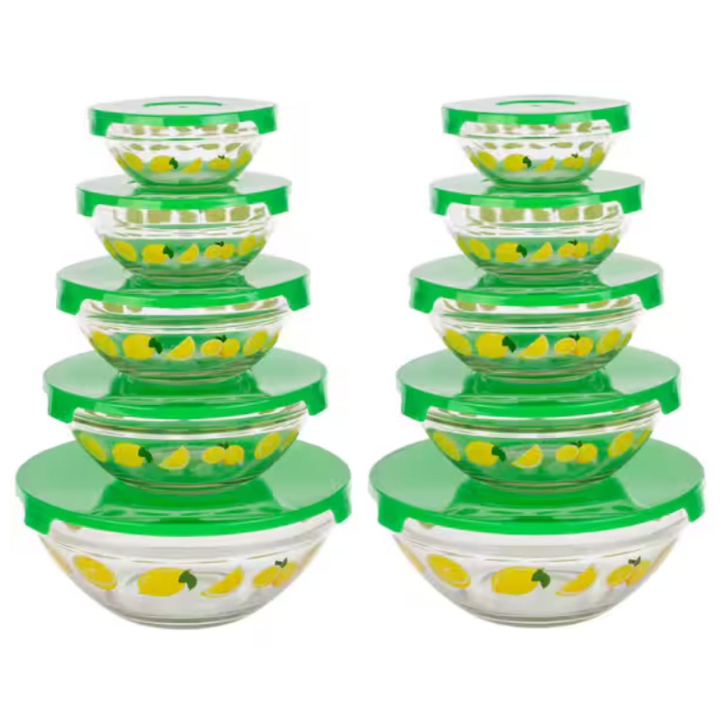 Chef Buddy's 20-piece set includes stackable glass bowls with vibrant lemon designs and matching green lids, offering various sizes for versatile food storage and organization.