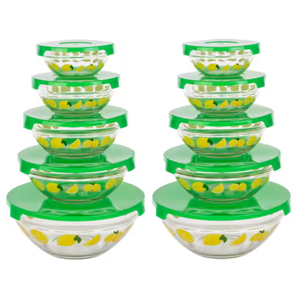 Chef Buddy's 20-piece set includes stackable glass bowls with vibrant lemon designs and matching green lids, offering various sizes for versatile food storage and organization.