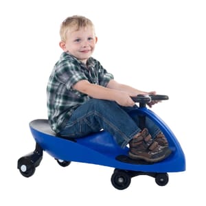 A child sits on a blue Lil' Rider Wiggle Ride-On Car featuring a sleek design with black handles, designed for self-propelled movement without batteries.