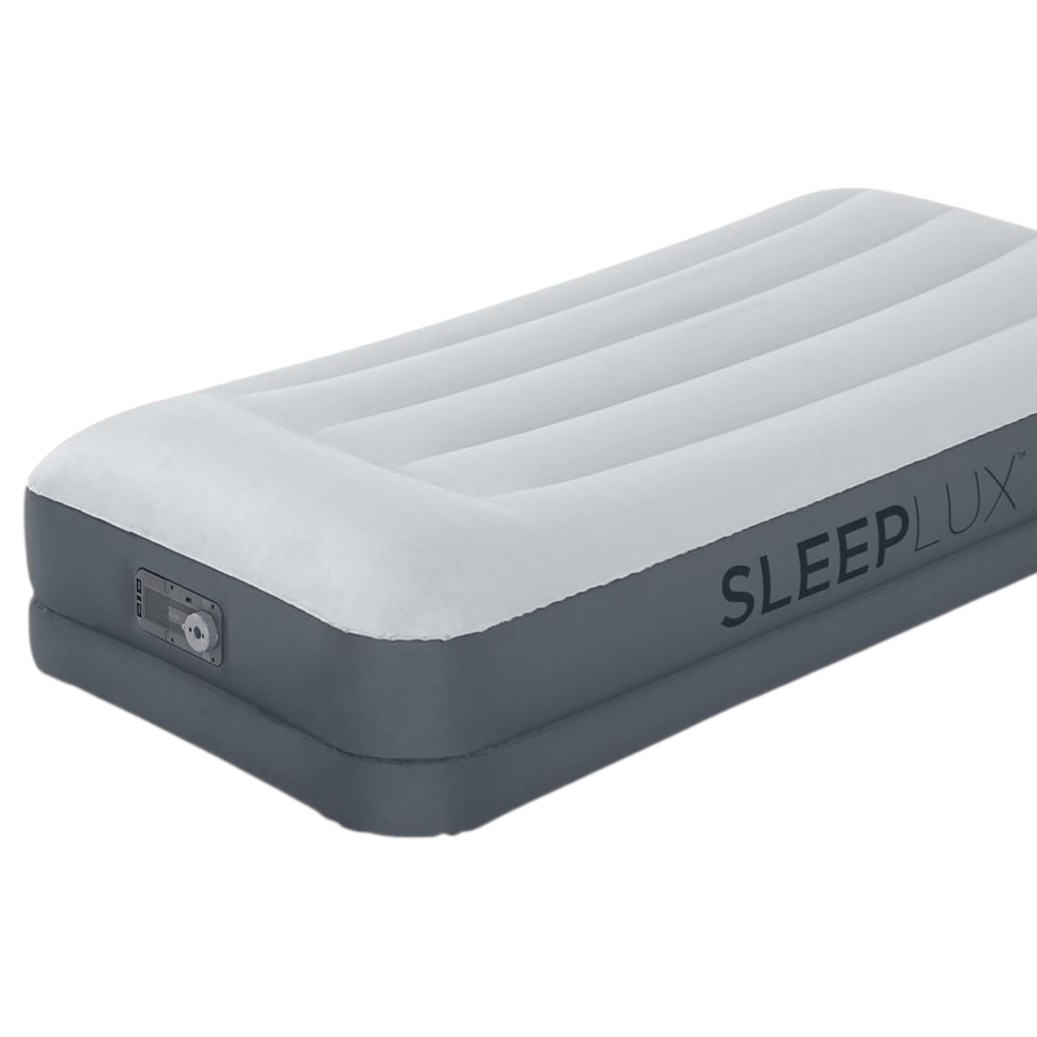 An inflatable air mattress with a built-in pump, featuring a gray base and a light gray top, and the brand name \“SLEEPLUX\“ on the side.