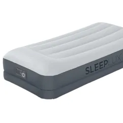 An inflatable air mattress with a built-in pump, featuring a gray base and a light gray top, and the brand name \“SLEEPLUX\“ on the side.