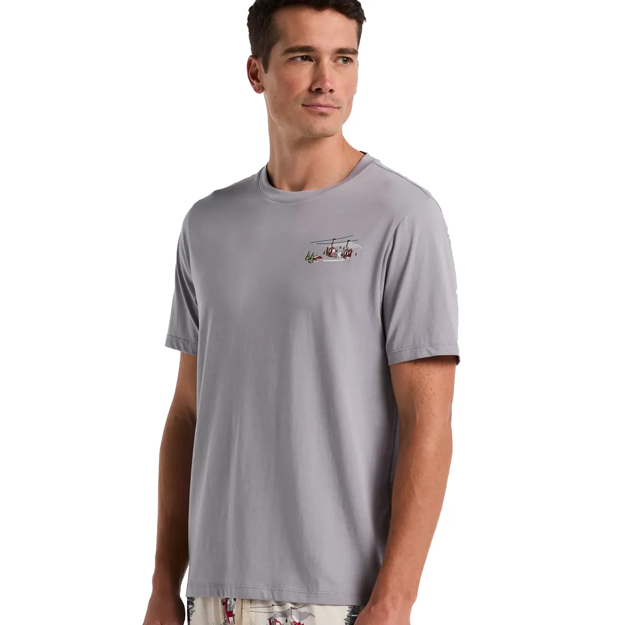 A man is wearing a light gray T-shirt with a small graphic design on the chest.