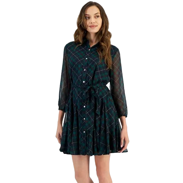 A Tommy Hilfiger dress in a dark argyle print with a button-down front, three-quarter sleeves, and a waist tie. The skirt is slightly flared for a casual yet stylish look.