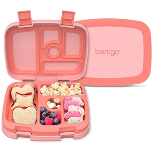 A pink Bentgo lunch box with compartments containing heart-shaped sandwiches, popcorn, assorted nuts or candies, mixed berries, and pink-coated animal crackers.
