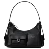 A black Kate Spade shoulder bag featuring a sleek design with two front pockets, one with a clasp and one with a subtle logo.