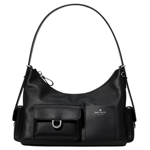 A black Kate Spade shoulder bag featuring a sleek design with two front pockets, one with a clasp and one with a subtle logo.