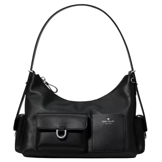 A black Kate Spade shoulder bag featuring a sleek design with two front pockets, one with a clasp and one with a subtle logo.