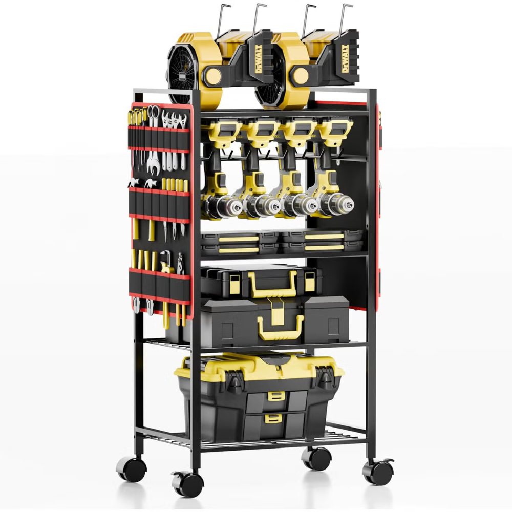A tool storage rack with wheels holds various power tools, hand tools, and toolboxes. The tools are organized on shelves and panels, featuring yellow and black accents.