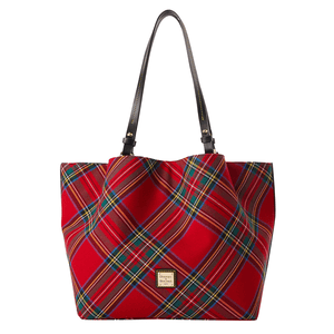 A Dooney & Bourke large tote bag with a red tartan plaid pattern and black leather handles. It features a gold logo plaque on the front.