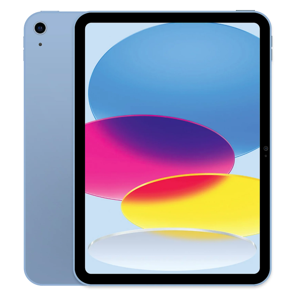 A blue tablet with a colorful abstract screen design, featuring a rear camera in the top corner.