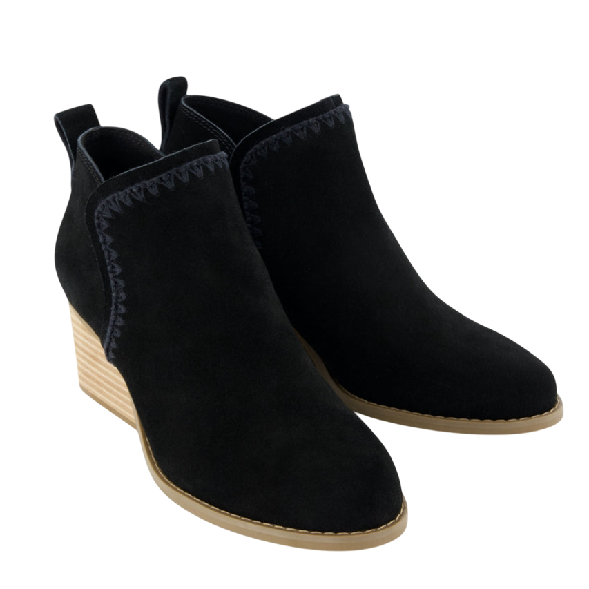 Black suede ankle boots with wedge heels and decorative stitching along the top edge.