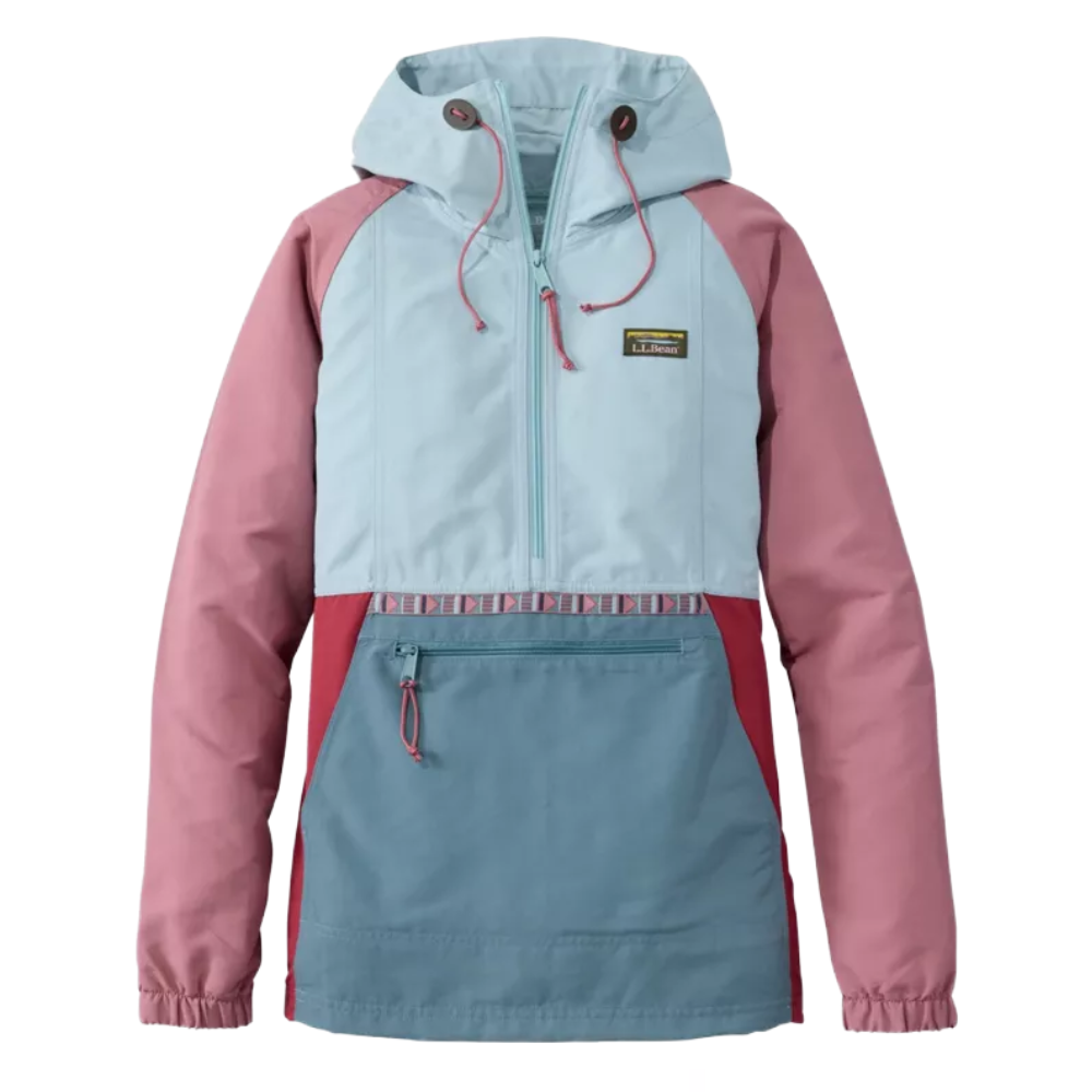 A color-blocked anorak jacket featuring light blue, pink, and red sections. It has a hood with drawstrings, a half-zip front, and a large front pocket with a zip closure.