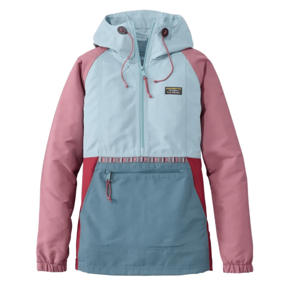 A color-blocked anorak jacket featuring light blue, pink, and red sections. It has a hood with drawstrings, a half-zip front, and a large front pocket with a zip closure.