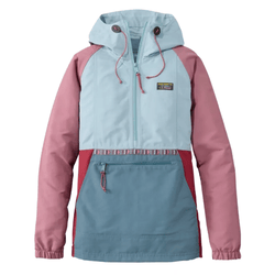 A color-blocked anorak jacket featuring light blue, pink, and red sections. It has a hood with drawstrings, a half-zip front, and a large front pocket with a zip closure.