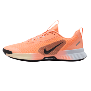 Nike Trail running shoe in bright orange with a black swoosh, featuring a textured mesh upper, black and white midsole, and pull tabs on the heel and tongue.