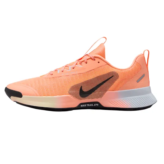 Nike Trail running shoe in bright orange with a black swoosh, featuring a textured mesh upper, black and white midsole, and pull tabs on the heel and tongue.