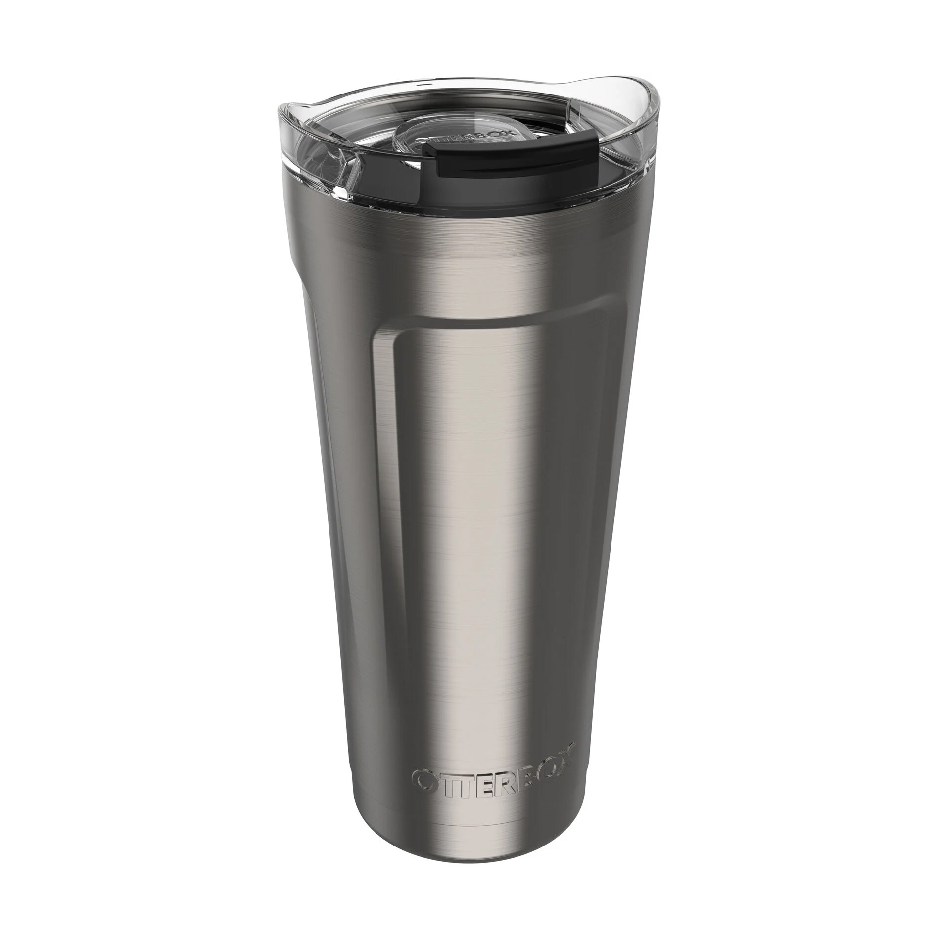 A stainless steel travel tumbler with a clear lid and the brand \“OtterBox\“ embossed on its side.