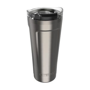 A stainless steel travel tumbler with a clear lid and the brand \“OtterBox\“ embossed on its side.