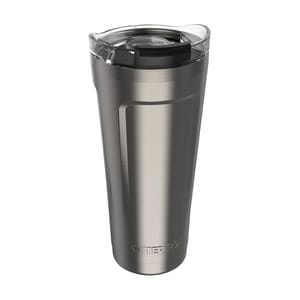 A stainless steel travel tumbler with a clear lid and the brand \“OtterBox\“ embossed on its side.