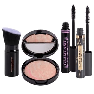 Laura Geller Makeup Set consists of a retractable angled kabuki brush, a baked blush with a mirror compact, and two mascaras—GlamLash Volumizing Mascara and Always There Mascara.