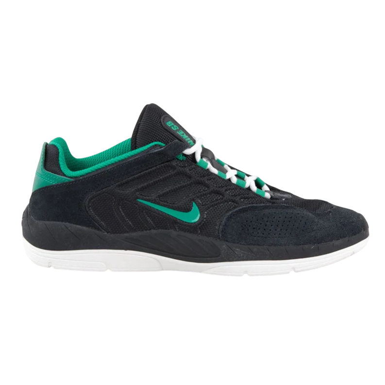 Nike SB sneaker in black with green accents, featuring a sleek design and white sole.