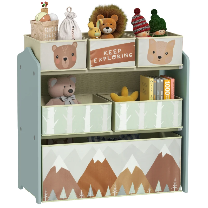 A children's storage unit with bins featuring animal designs, mountains, and trees. The bins hold stuffed toys, books, and other small items, promoting organization in a playful theme.